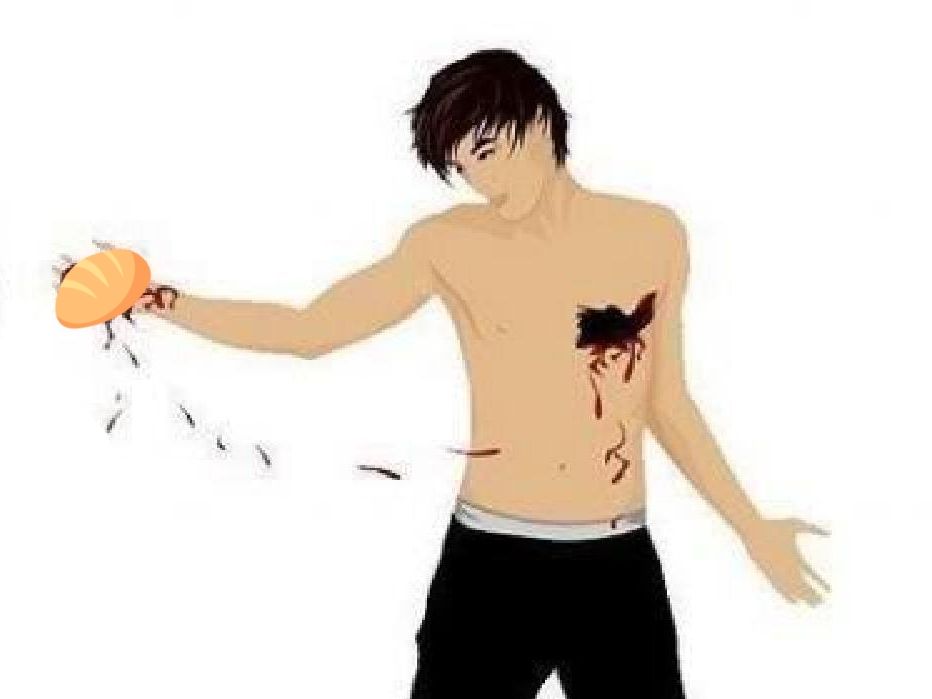 Desenho viral de um jovem emo asiático sem camisa, que arrancou seu coração do peito e segura em sua mão direita oferecendo-o para alguém, porém em vez do coração tem ali um pão francês.