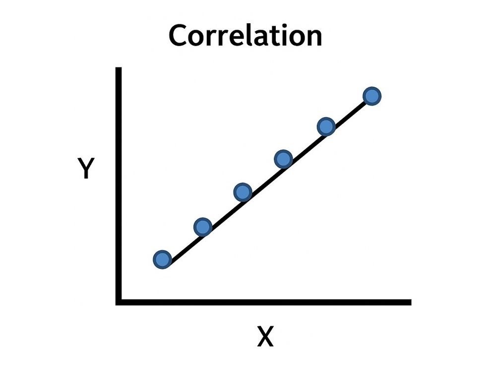 Gráfico esquemático, com título "correlation", eixo vertical "Y", eixo horizontal "X" e pontos azuis dispostos sobre um segmento de reta diagonal crescente. Faz alusão ao meme "no correlation", similar.