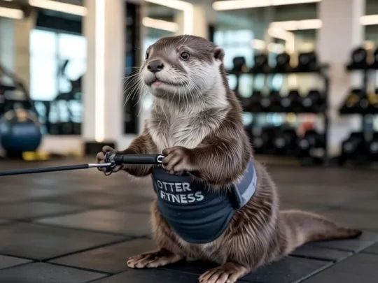 Primeira imagem de "lontra fazendo academia" que encontrei no Google: uma lontra marrom e branca, com uma cinta azul marinho escrito "OTTER FITNESS", puxando peso na polia, num ambiente de academia. Conteúdo gerado por IA, é claro.