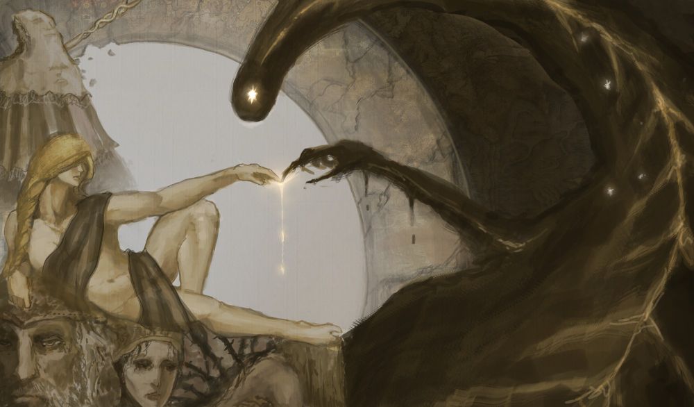 A Painting of Queen Marika receiving her rune from the Golden will's vessel : the Elden Beast