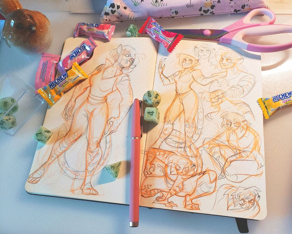 Sketches of a muscled tiger-catgirl in standing, sitting and crouching poses.