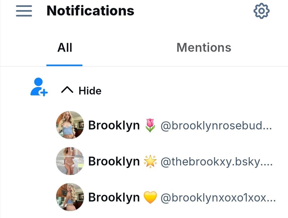 Bluesky notification snapshot of three accounts named Brooklyn, though each with a different avatar and emoji following their name (a rose, a star, and a gold heart).