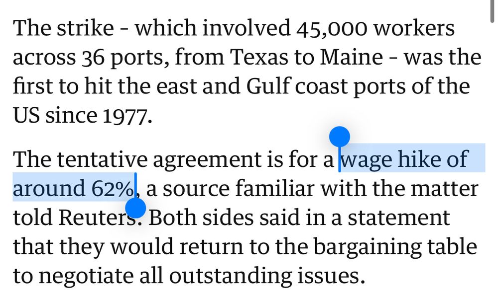 The strike - which involved 45,000 workers across 36 ports, from Texas to Maine - was the first to hit the east and Gulf coast ports of the US since 1977.
The tentative agreement is for a wage hike of around 62%, a source familiar with the matter told Reuters.