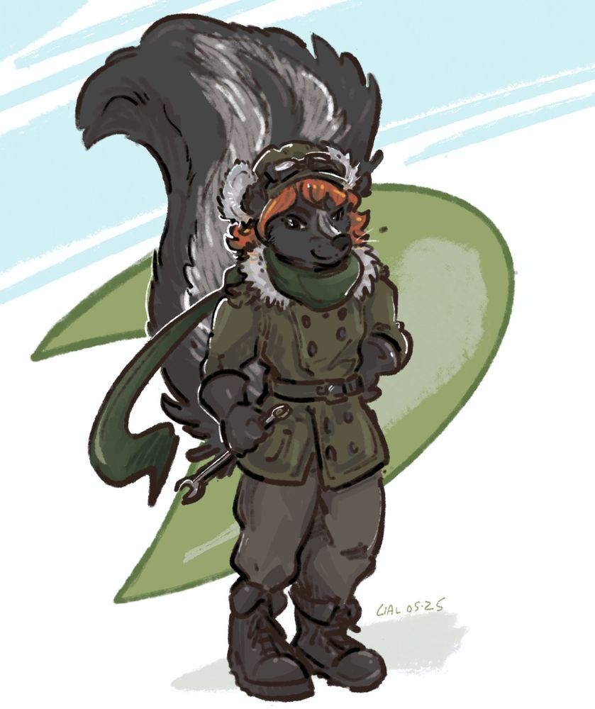 A skunk pilot holding a wrench.  Their attire is a WW1 flight jacket, a green scarf, and a pilot cap with goggles, grey jeans, and boots.