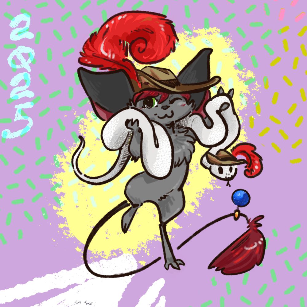 The chuian Jemli poses wearing her cavalier hat, with a white boa constrictor on her neck like a boa.  The snake also has a cavalier hat.