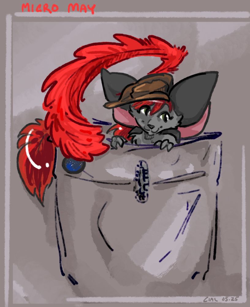 Jemli the chuian sticks her head out from a shirt pocket, a small smile on her face as her feather continues to defy physics.