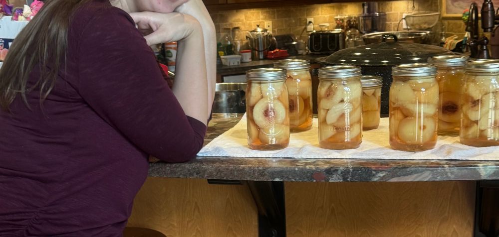 Canned peaches sit on a granite kitchen counter.