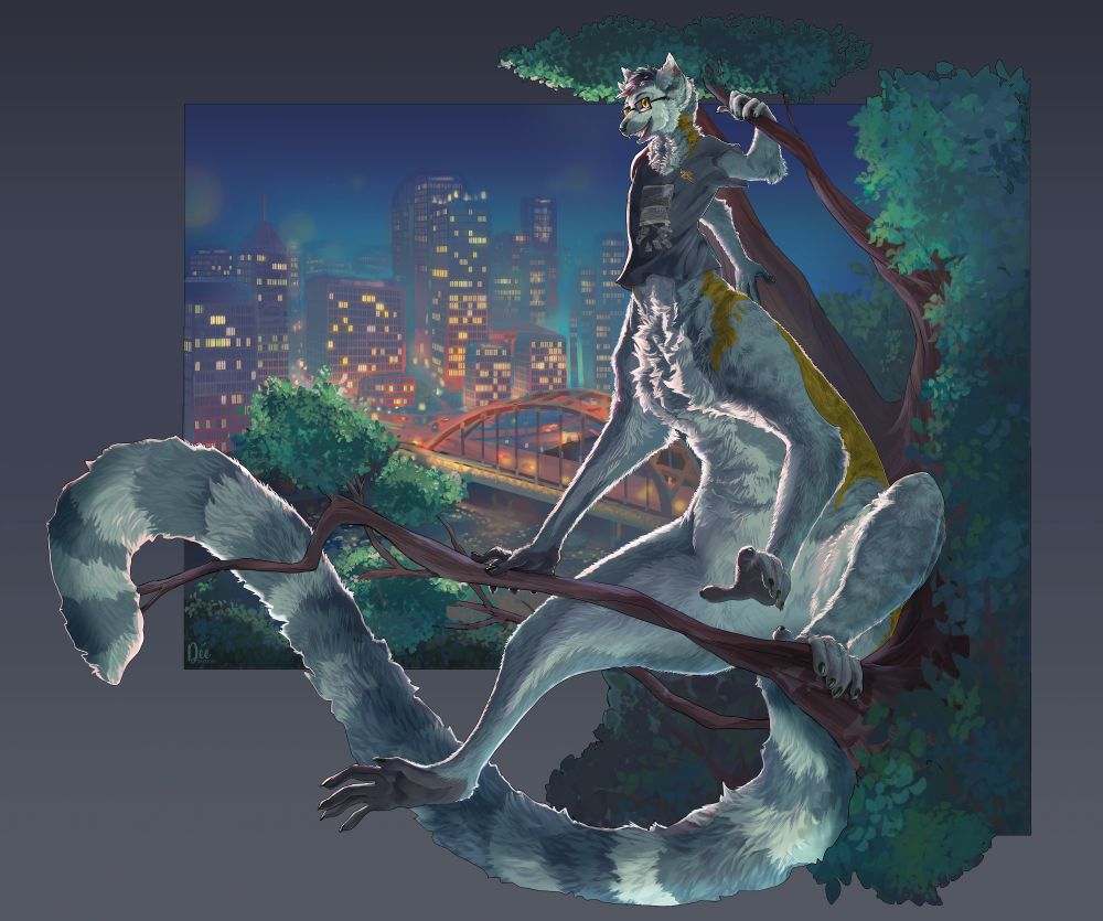 A painting of a ringtailed lemur taur wearing a t-shirt, glasses, and a gold cross necklace climbing a tree with a city skyline in the background, in dark, dramatic lighting. 