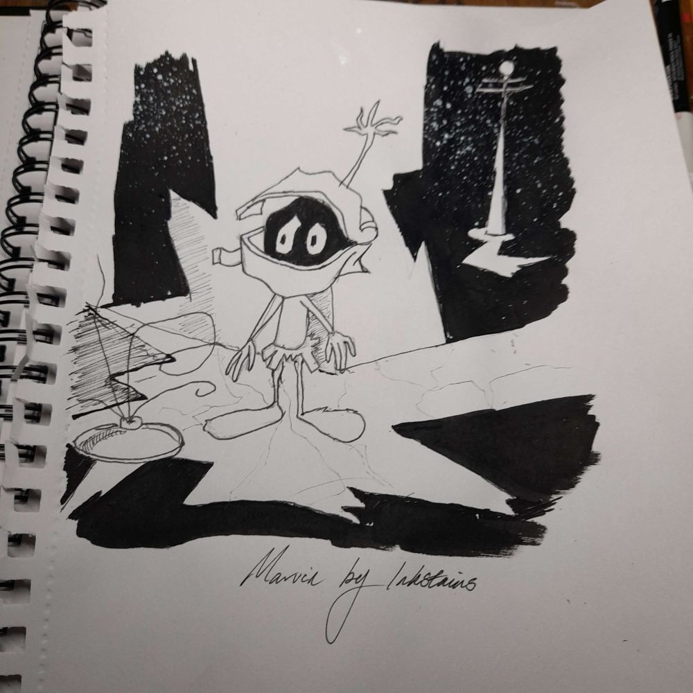 Black and white drawing of Looney Tunes character Marvin the Martian. The drawing is from a scene from the Hare-Way to the Stars (1958) short film. Marvin is standing on what remains of his destroyed space station after the Illudium Pu-36 Explosive Space Modulator exploded. Marvin's clothes are also damaged. Black uni pin fine line pen was used for the drawing, and black POSCA for the background. White acrylic paint was also splattered to represent the stars. Drawing was done in a 96gsm sketchbook.