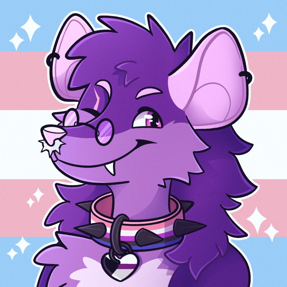 Digital illustration of a furry character. It's a bust of a wolf and rat hybrid with purple fur and pink ears. They have glasses, a septum piercing and a collar with the gender fluid flag, with a small heart with the demisexual flag. The background is the trans flag with white sparkles. 