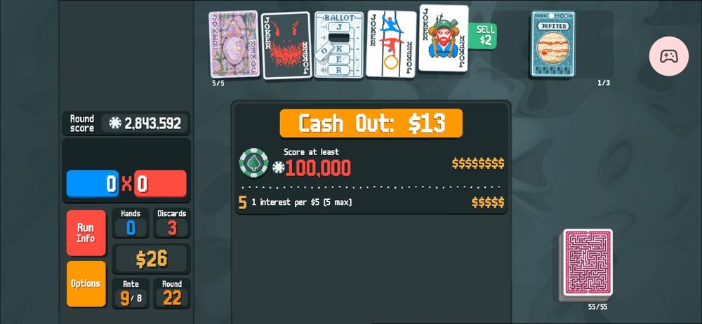 Un screen de Balatro, montrant la réussie du dernier de mes challenges 