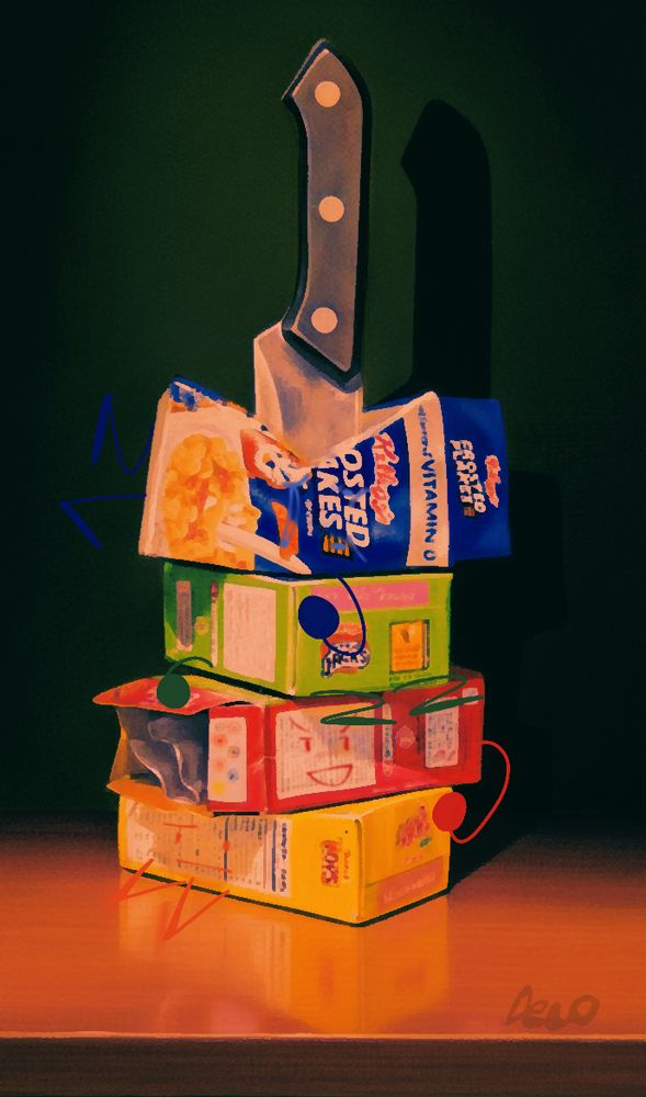 Four boxes of cereal are stacked on top of each other, a knife stabbed through them. The bottom cereal box, yellow, wears a neutral expression. The red box wears a devious one. The green box is stabbed face-down into the pile, and you can not see their face. The blue cereal box, at the top, looks frustrated. Valid, considering the knife crushes most of their face.