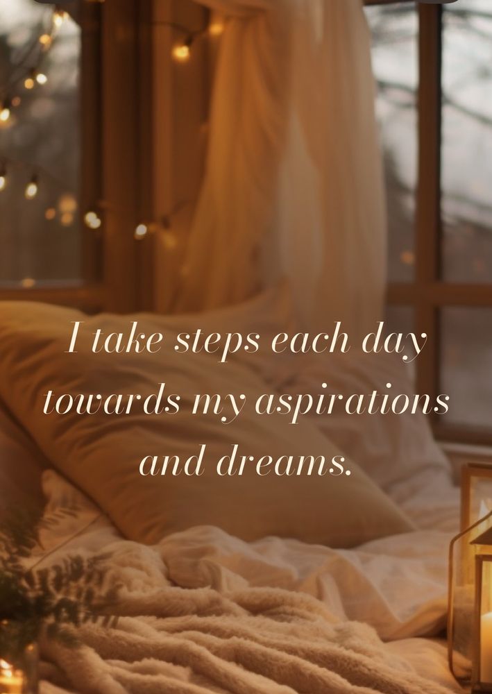 A comforting background with white plush  pillows and a white blanket, with a background of a window with nature beyond it

“I take steps each day towards my aspirations and dreams” 