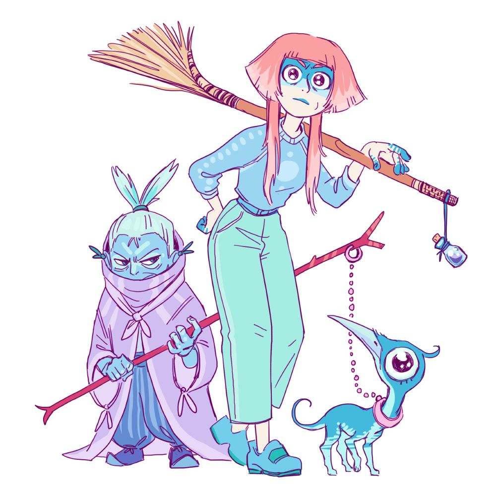 Illustration of two witches in pastel colors and a little creature