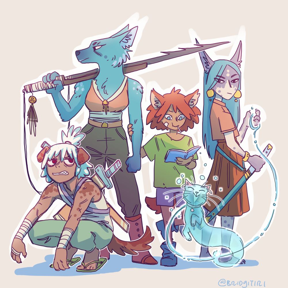 A colored drawing of a family of characters who have varying levels of dog or cat features