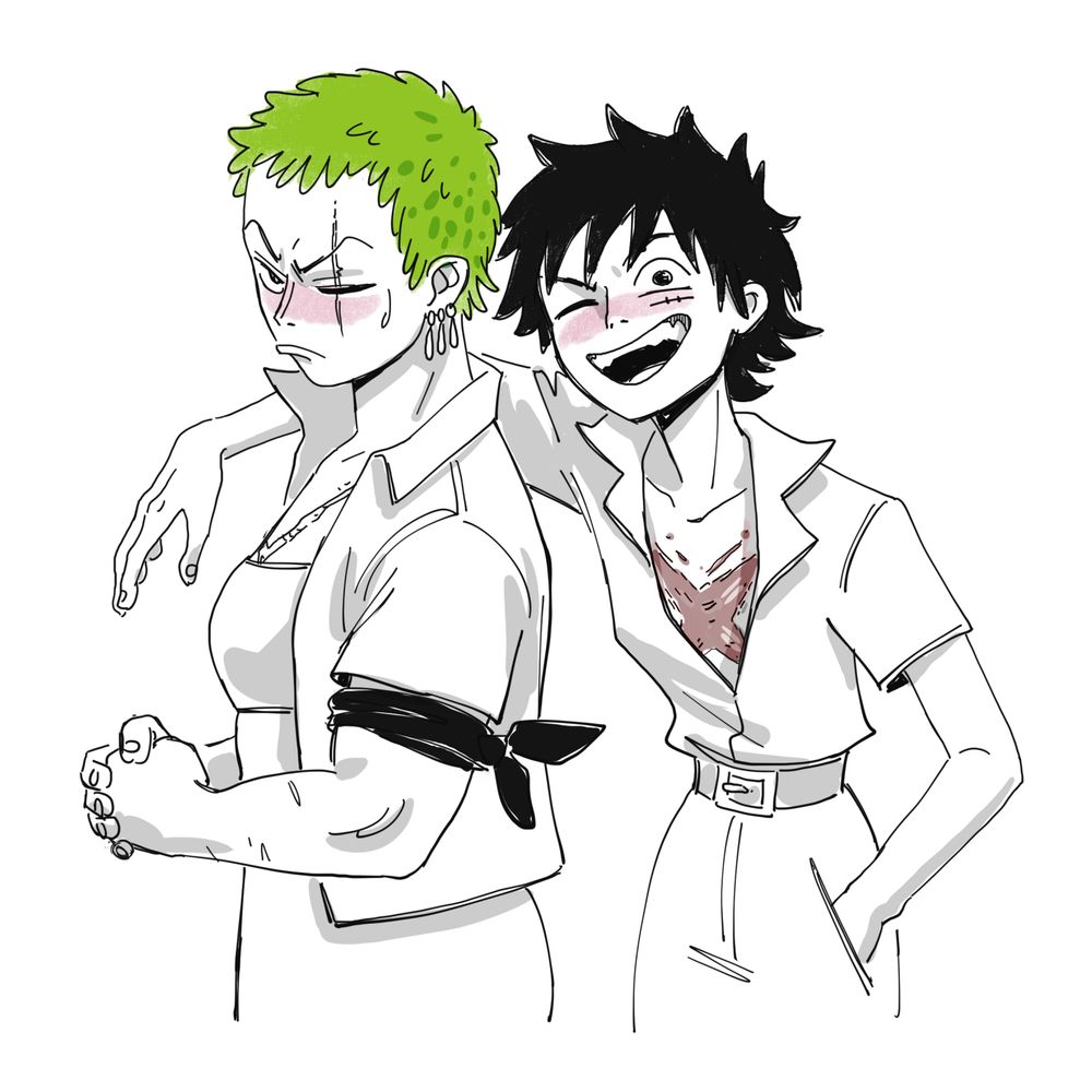 A sketch of Luffy and Zoro from One Piece as genderbent versions of themselves