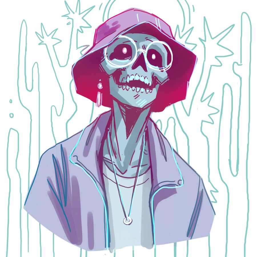 Illustration of a skeletal person wearing a bucket hat and jacket