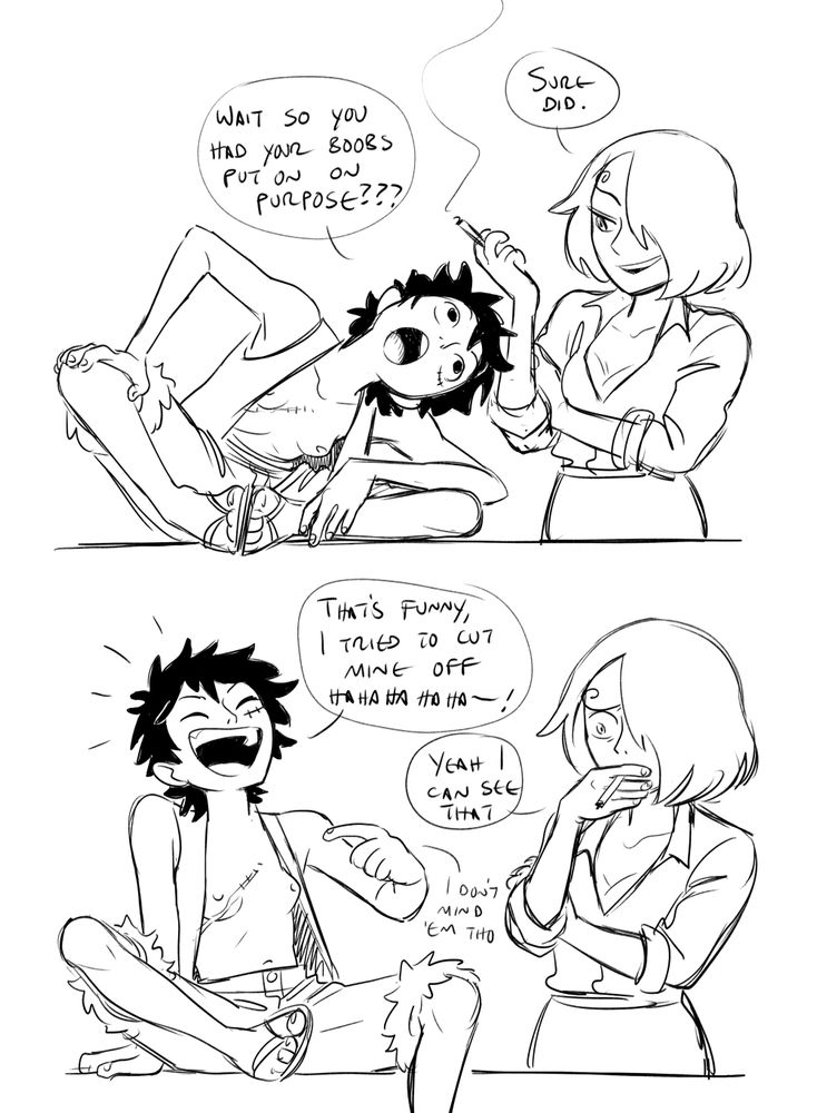 A two panel comic of genderbent versions of Luffy and Sanji from One Piece