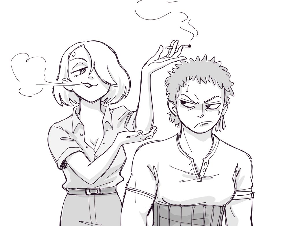 A black and white sketch of genderbent versions of Sanji and Zoro from One Piece