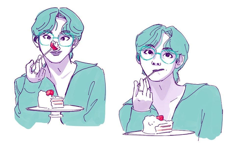 Limited-palette sketch studies of V from BTS eating a slice of cake