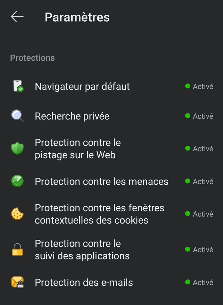 Page des paramètres de duckduckgo 