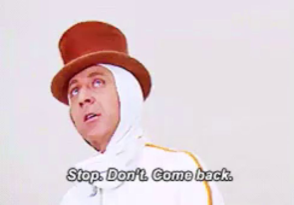 a man wearing a top hat says stop don 't come back .