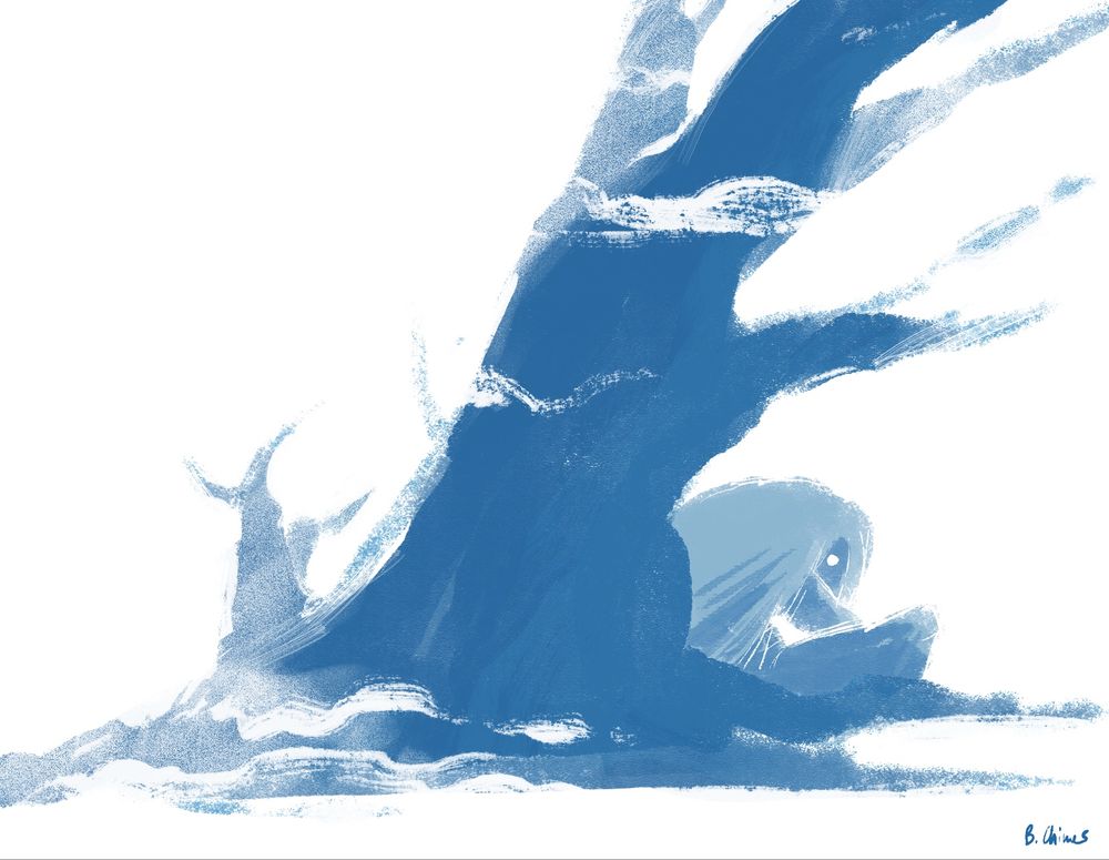 An updated version of the previous illustration: a monochrome blue-tinted painting of a gnarled tree against a white background, with streams of fog raising and curling around it. a crouched figure with long hair draping its body leans back against the tree, peering at the viewer with white eyeshine.