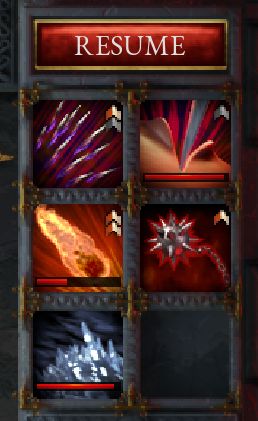Shows the ability overview in Halls of Torment with 5 active abilities and their upgrade states. Greyed out icons marking an ability ready to be upgraded.