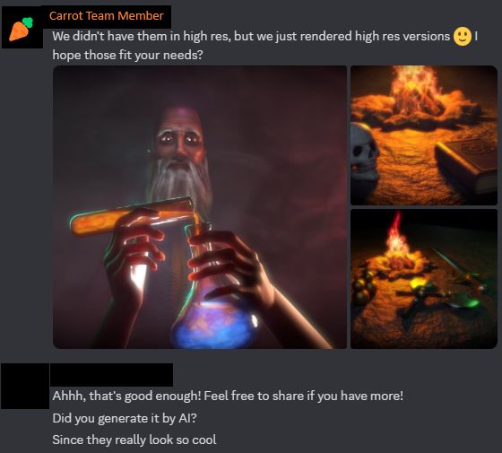 Chasing Carrots (Game Dev) team member sharing high resolution game related images and got asked if they are AI generated because the images are looking so good.