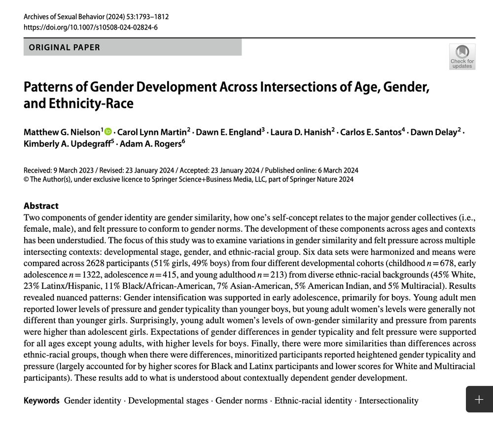 Picture of the cover page of the artile: Patterns of Gender Development Across Intersections of Age, Gender, and Ethnicity‑Race by Matthew G. Nielson 