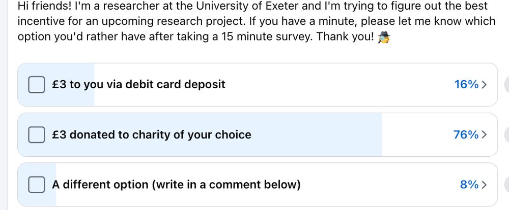 Screenshot of the Facebook post where community members opted 76% to 16% to donate incentive money to charity rather than keep it themselves. 