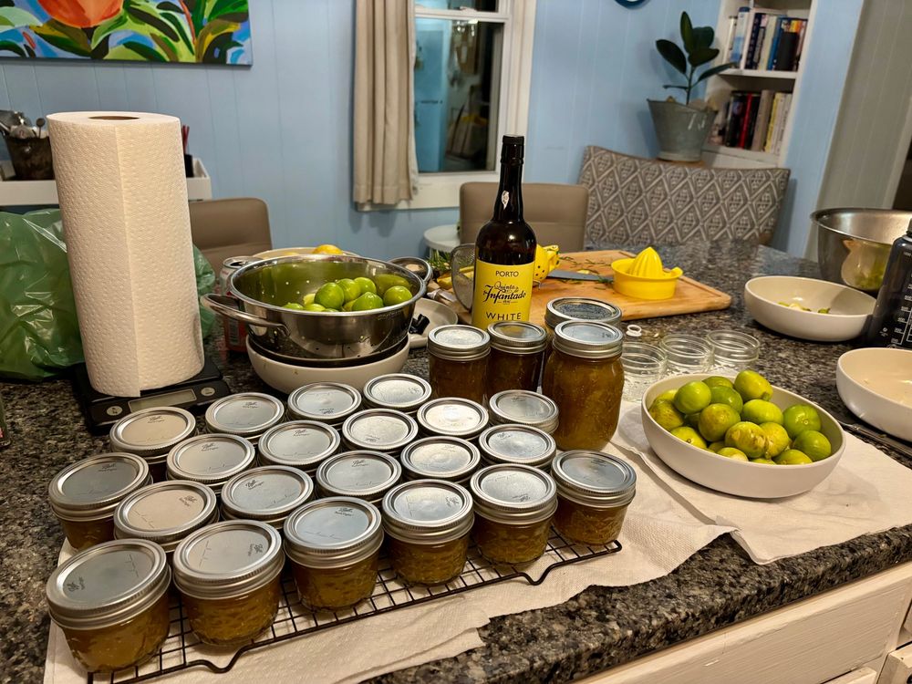 Jars of fig jam sitting on a counter in a room painted light blue