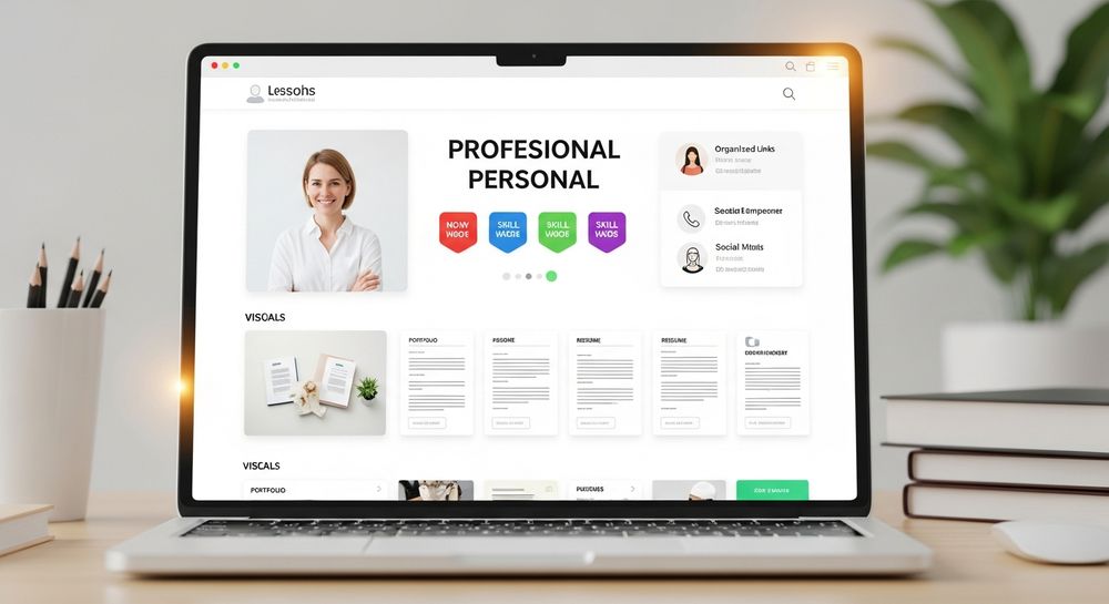 Digital workspace displaying a professional personal profile page on a laptop, with neatly organized links, skill badges, and contact icons, highlighting career skills and online presence