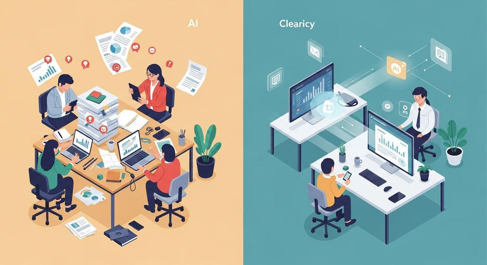 A split scene showing a stressed team buried in messy tasks on one side and an organized, calm workspace supported by glowing AI assistant icons on the other side, visualizing how virtual assistance streamlines business operations.