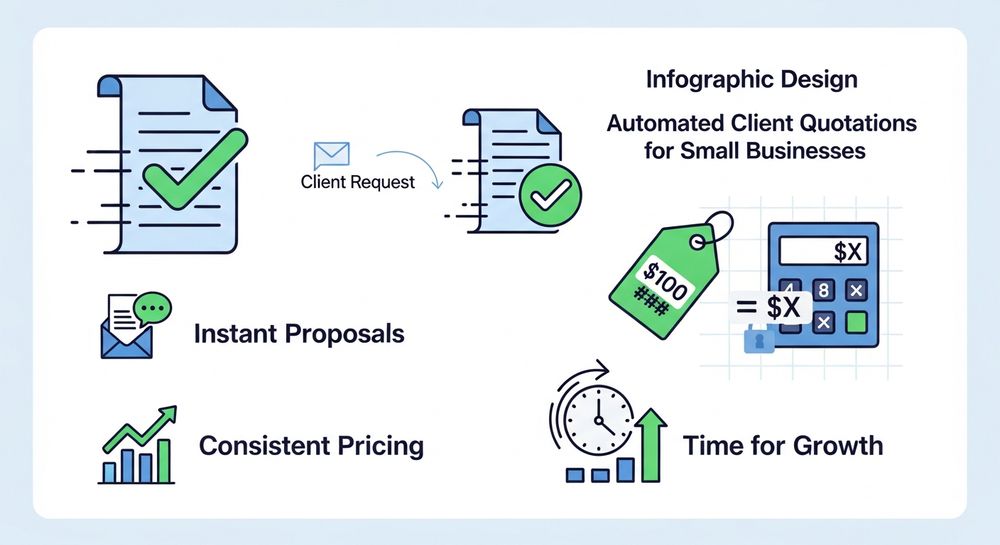 Infographic showing automated client quotation benefits for small businesses. Four visual sections: a checkmarked paper for instant proposals, a price tag or calculator for consistent pricing, a clock or growth chart for time saved and business growth, and connected devices/cloud icons for seamless CRM integration. Modern, clean design with blue and green accents, minimalist layout, and a small placeholder for a brand logo