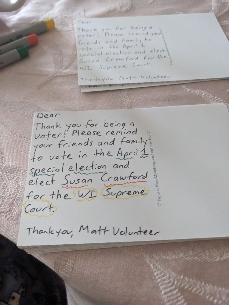 Post card to voter, and written text to vote for Susan Crawford 