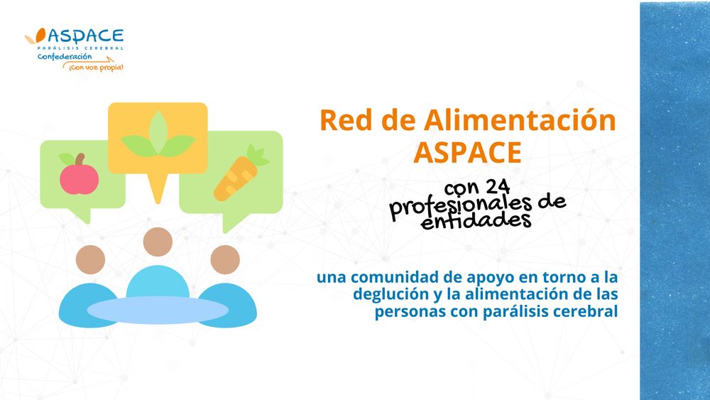 Imagen donde se ve arriba a la izquierda el logotipo de Confederación ASPACE, debajo un dibujo donde se ven personas y alimentos a la derecha el texto "Red de alimentación ASPACE. 24 profesionales una comunidad de apoyo en torno a la alimentación y deglución de las personas con parálisis cerebral"