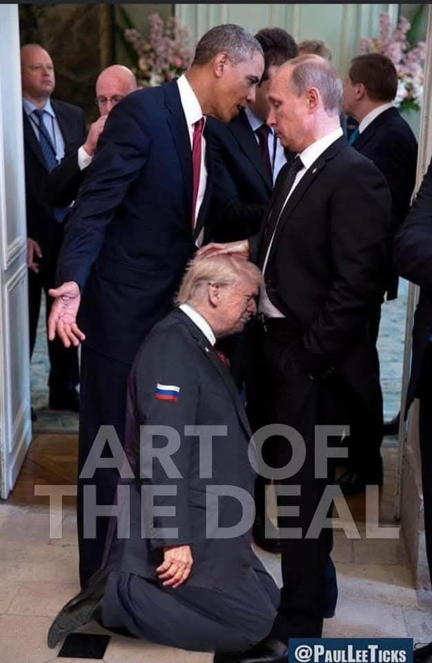 President Obama dominantly positioned over Putin while Putin gets oral pleasure from Donald J Trump. Superimposed over him it says: “ART OF THE DEAL.”