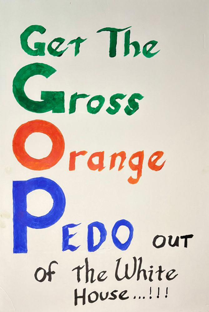 Sign in green, orange, blue, and black writing on white background saying: “Get the gross orange pedo out of the White House.”