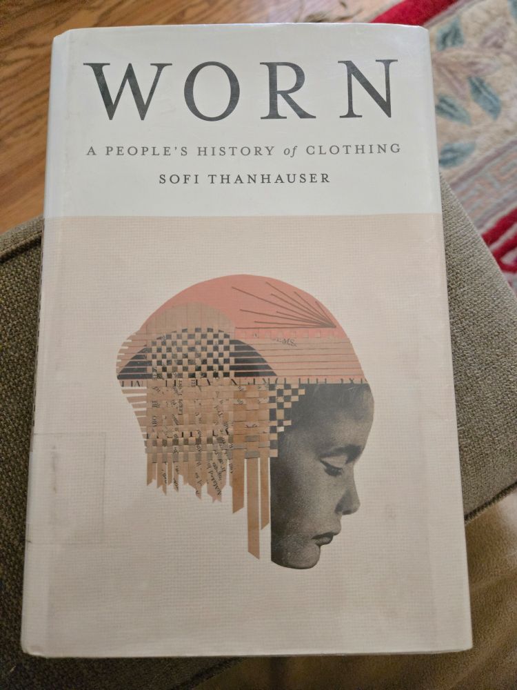 A book called WORN; A People's History of Clothing by Sofi Thanhauser sits on a grey couch arm. Hardwood floor and red carpet are both visible in the background.