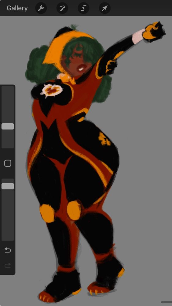 a doodle of nono stretching while wearing a mecha pilot suit designed by AuroraWolfa with a warm orange color palette 