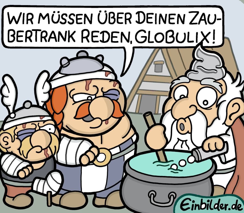 Asterix und Obelix, offensichtlich schwer verprügelt. Sie sagen wütend zu Miraculix: "Wir müssen über Deinen Zaubertrank reden, Globulix".