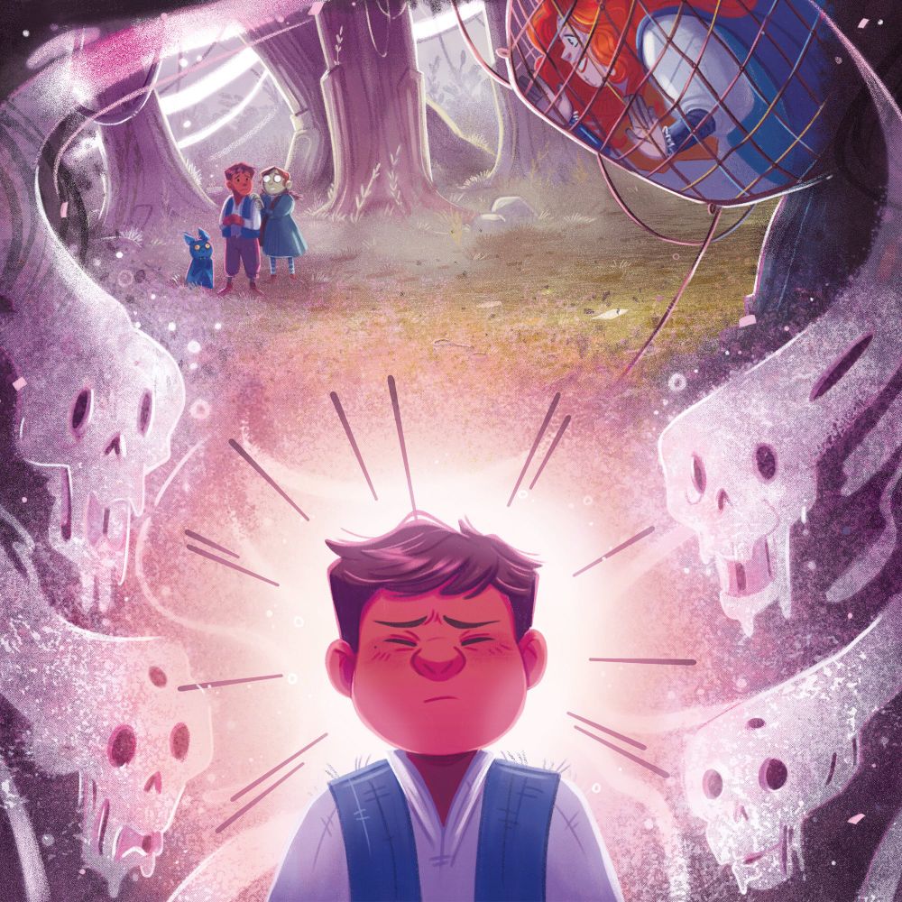 Close up d’une des planches du tome 2 du royaume d’après 

On voit cassie, Christopher et Murphy effrayés, qui parlent à morrigan la sorcière , enfermée dans un filet 
Plus bas Christopher se concentre, des esprits effrayants l’entourent et vont bientôt l’attaquer 
