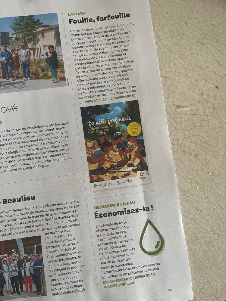 Photo du magazine de la métropole de Montpellier où on retrouve l’affiche en IAgen du musée de lattes avec un article sur le fait d’économiser de l’eau cet été 