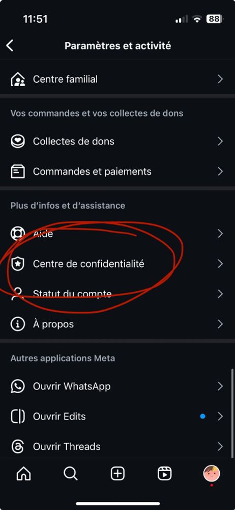 scrollez tout en bas pour tomber sur "centre de confidentialité"