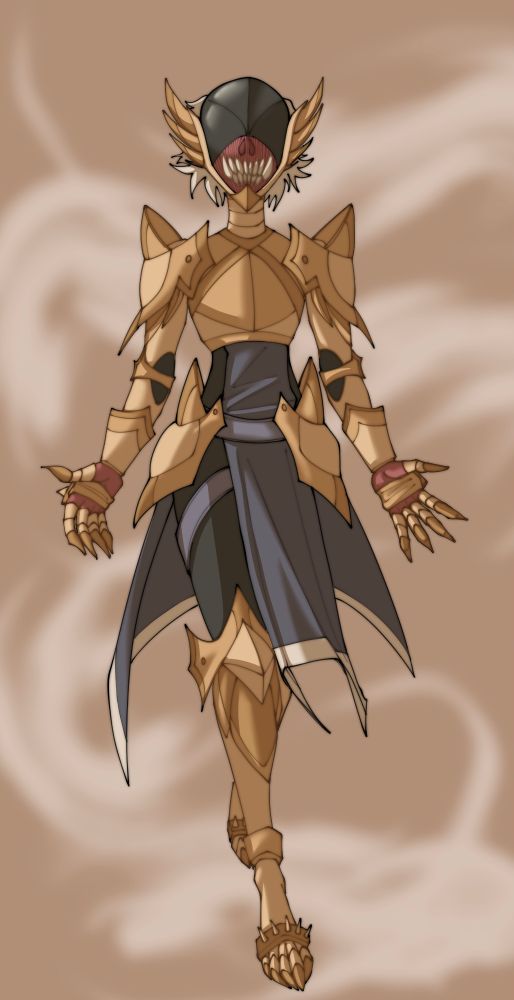 Art of a character in sharp golden armor. They have a shiny black helmet with sharp teeth