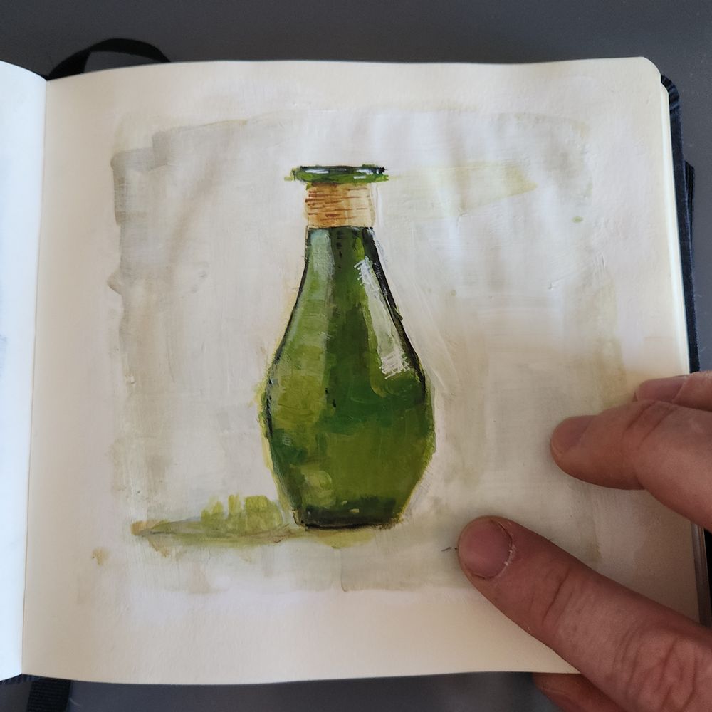 Acrylic painting of a small green bottle