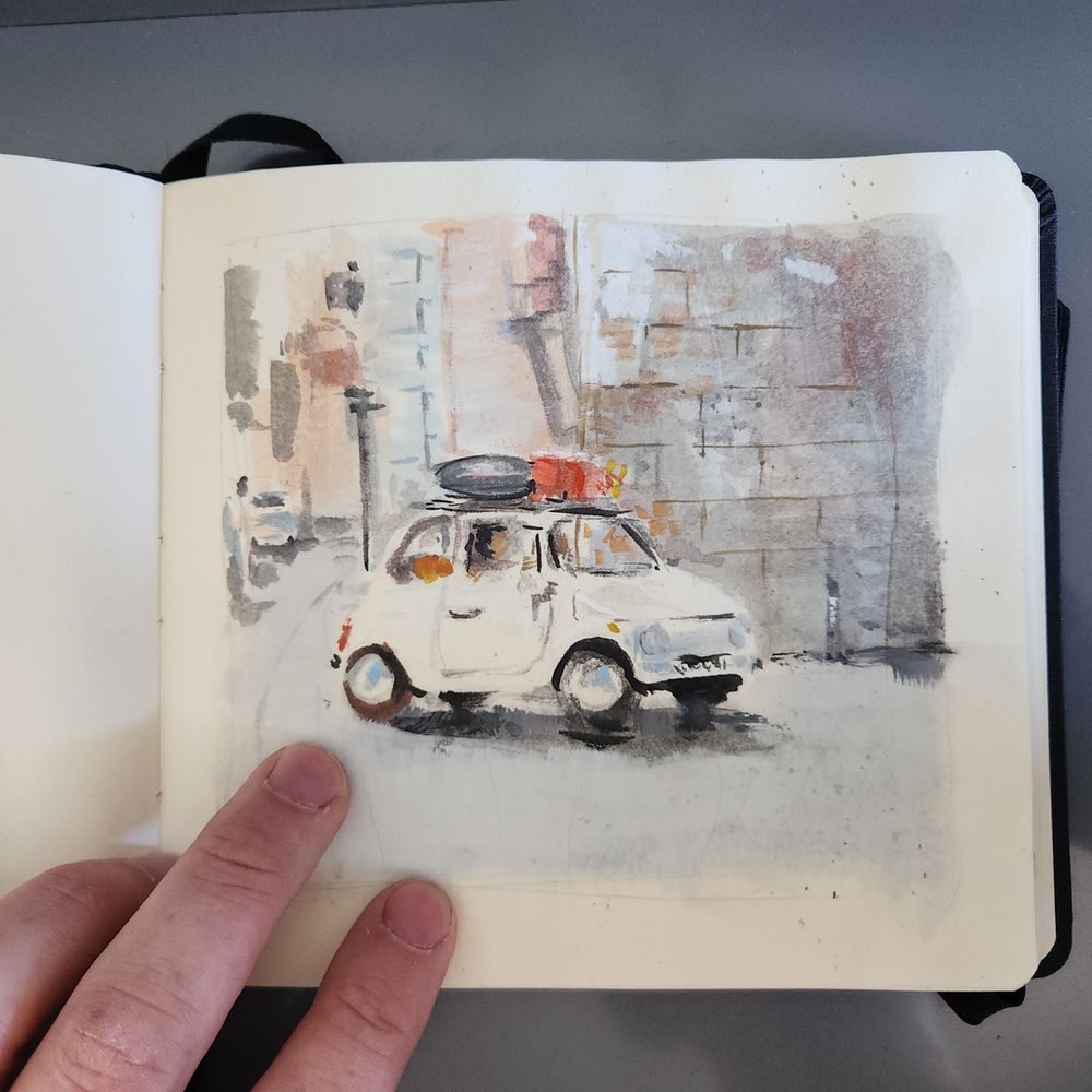 small watercolor painting of a small white car