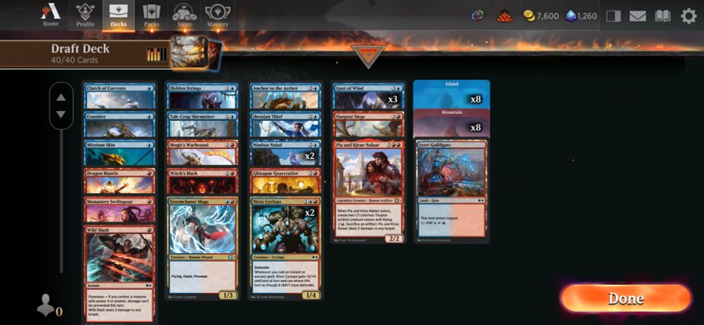 1x Clutch of Currents
1x Consider
1x Mizzium Skin
1x Dragon Mantle
1x Monastery Swiftspear 
1x Wild Slash
1x Hidden Strings
1x Tah-Crop Skirmisher
1x Mogis's Warhound
1x Witch's Mark
1x Stormchaser Mage
1x Anchor to the Aether 
1x Jhessian Thief 
2x Nimbus Naiad
1x Ghirapur Gearseeker 
2x Nivix Cyclops 
3x Gust of Wind
1x Outpost Siege
1x Pia and Kiran Nalaar 
8x Island
8x Mountain
1x Izzet Guildgate