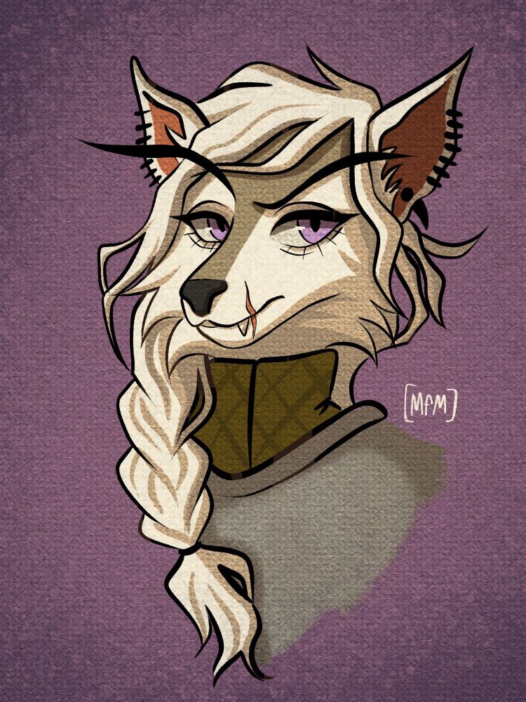 Wolf version of Alex, with a long side braid and a scar on her lip